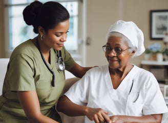 Three nurses in traditional uniforms are making beds in a hospital ward. The beds are organized in a neat row and the room has a dimly lit, monochromatic atmosphere. The nurses are focused on their tasks, arranging the white sheets with precision. In the background, dim figures of people are visible.