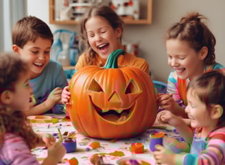 Children enjoying a craft party, painting a ceramic pumpkin