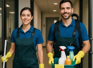Two-person crew walking into a facility with gear, looking confident.