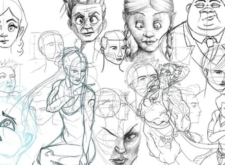 Digital pencil style sketches of faces from many angles which vary in degrees of caricature.