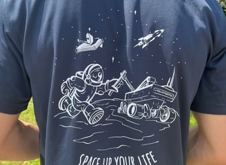 Custom T-shirt for ETH Zürich space with an astronaut, a rover, a rocket and the James Webb telescope