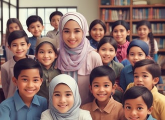 A classroom filled with young students wearing uniforms in shades of green and blue. The walls are adorned with chalkboards and posters, and natural light filters through a window. The students are seated at wooden desks, some are smiling while others look attentive.