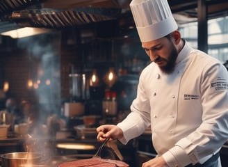 A perfectly grilled steak with distinct char marks is placed on a plate next to a bowl filled with crispy golden French fries. The setting is a cozy dining environment, with reflections of light adding warmth to the scene.