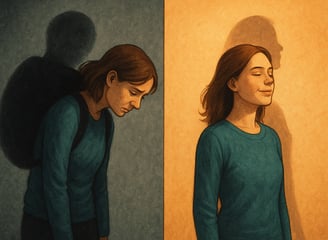Split image of a woman before and after healing trauma—burdened on one side, peaceful on the other.