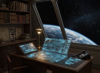 captains chair and office with a view of earth