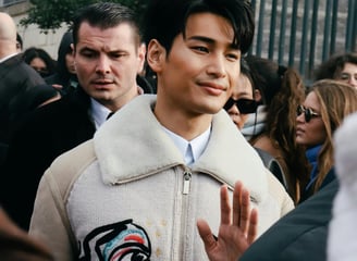 un homme qui sort de la fashion week avec deux grosses broderie sur sa veste