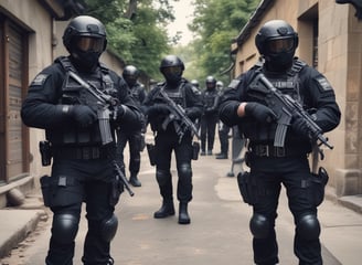 A group of individuals dressed in tactical gear and black uniforms stand in a formation, appearing to be security or law enforcement personnel. They are engaged in conversation with someone wearing a blue winter jacket with a fur-lined hood, displaying the text 'Igor Zhilkin Production' on the back. The setting appears to be an urban area with buildings in the background.