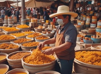 a man in a hat and a mask selling natural honey
