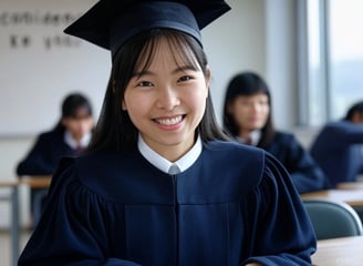 a woman in a graduation gown and a graduation cap
