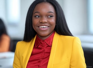 a woman in a yellow jacket and red shirt