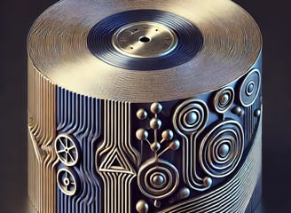 A cylinder representing the blockchain as a permanent repository for commentary and knowledge