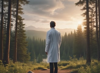 A healthcare professional is standing beside a patient who is lying in a hospital bed. The professional is wearing a surgical cap, mask, and white coat, while holding a clipboard. The patient is covered with a blue sheet and also wears a mask. Medical equipment is visible in the background.