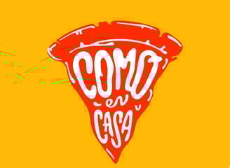 logotipo rojo y naranja con un trozo de pizza como imagologo