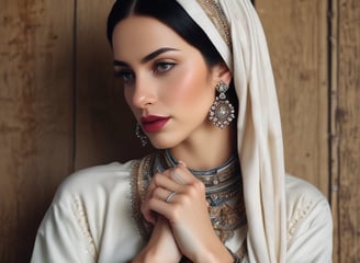 A woman wearing a light hijab, adorned with elegant pearl earrings on her left ear, and a beaded bracelet on her left wrist. She has dark hair and expressive makeup, including bold lipstick and eye makeup. She is touching her hair with her right hand and standing against a wooden carved background.