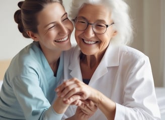 An elderly man sits on a chair beside a bed, holding the hand of a person lying down. The setting is a simple room with plain walls and a window. An intravenous drip is visible, indicating a healthcare environment.