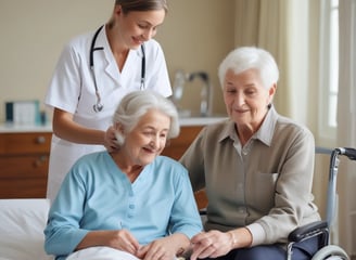 An elderly couple stands together, the woman seated in a wheelchair holding a blue folder with a gold logo. The man stands beside her, wearing a dark blue shirt with a patterned design. A decorative wall with a branching pattern and birds is in the background.