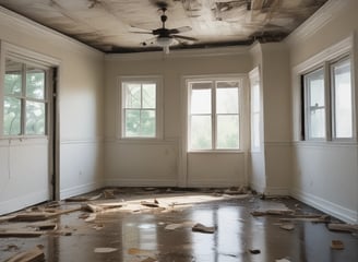 A doorway heavily charred by fire leads into an interior space with smoke-stained tiles and water fixtures. The framing of the door appears severely burnt, and black soot marks are visible around the entry. A wire hangs loosely from the doorframe, indicating possible electrical damage.