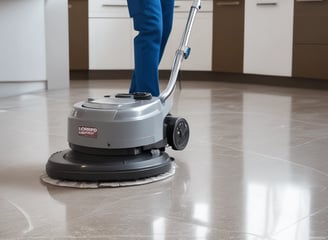 A vacuum cleaner is being used to clean colorful confetti off a grey carpet. The vacuum is silver with a lit nozzle showing the confetti being sucked in. A pair of bare feet is visible behind the device, indicating a person is operating it.