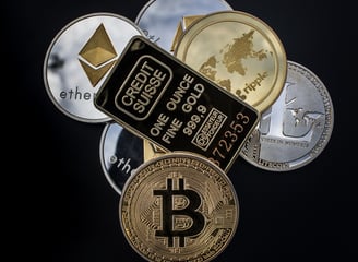 a bunch of bitcoin coins are shown on a black background