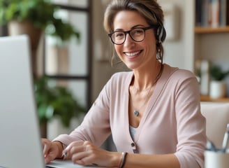 A person is sitting at a desk in front of a computer monitor displaying a financial website. The room is softly lit with natural light coming in from a nearby window. A desk lamp and a plant add to the aesthetic of the workspace. The person is holding a smartphone to their ear, appearing to be in a call.