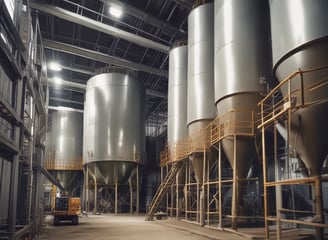 A group of people are engaged in the process of sugar production inside a large industrial building. There is steam rising from the vats, and workers are attending to various tasks such as stirring large pots and inspecting the production process. The atmosphere seems busy and structured, with a focus on labor.