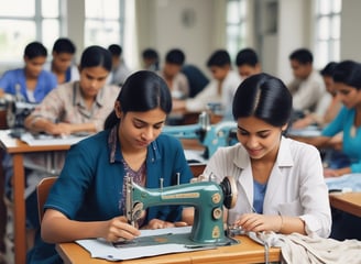 Hands are weaving yellow threads on a loom, creating a textile with an intricate pattern. The textile features a geometric design in orange and red tones. The threads are tightly arranged, and the overall scene suggests careful attention to detail.