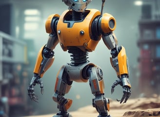 A small, white humanoid robot with blue accents, including eyes, mouth, and a circular badge with the letters 'AI' on its chest, is positioned in front of a blue laptop on a metallic surface. The robot has a simple, smooth design with two cylindrical arms and a small antenna on top.