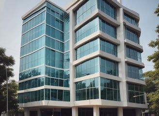 The image features the facade of a modern office building with a clean, geometric design. It is constructed with a combination of red brick and large glass panels, and there is a prominently displayed sign for Tata Consultancy Services in blue. Trees partially frame the view, and a lamppost is visible at the foreground.