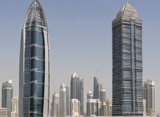 A modern urban scene featuring tall palm trees, skyscrapers, and the entrance to a shopping mall with the name 'Dubai Mall' prominently displayed. The architecture is sleek and contemporary, with flags lining the pathway to the entrance.