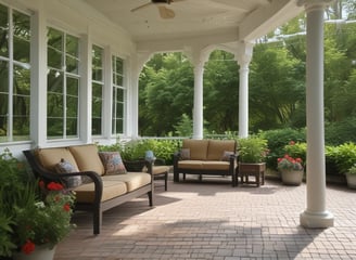 a well-maintained back porch with landscaping around the perimiter