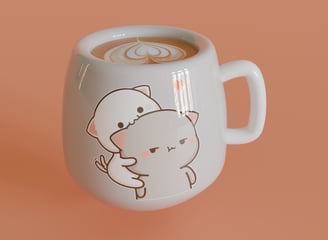 A 3D-rendered coffee mug with a cute cartoon cat design, featuring a glossy ceramic finish.