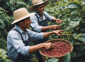 A large pile of raw coffee beans is spread out on a drying rack under a clear blue sky. The surrounding area is lush with trees and vegetation, giving it a tropical or plantation vibe.