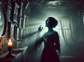 A ghastly woman screaming, as she looks at portraits of her ancestors.