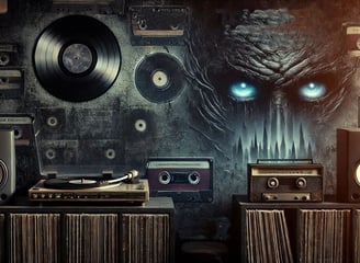 Wall of distorted record, with an alien face plastered on the wall.