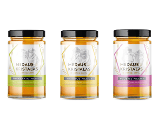 three jars of honey. label designs with illustration and bright colors
