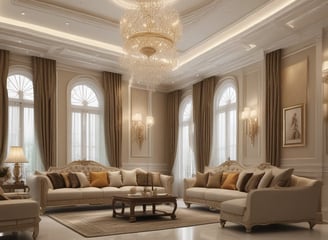 An intricately designed indoor space features an ornate glass ceiling with arched frameworks and decorative detailing. The interior includes abundant greenery, surrounded by comfortable seating arrangements. The use of warm lighting highlights the elaborate aesthetics and adds to the luxurious ambiance.