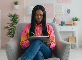 Women sitting at chair writing on tablet