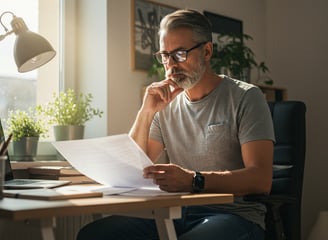 man sitting at desk reading reading a report
