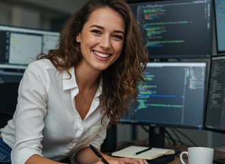 Woman sitting in front of computer screens