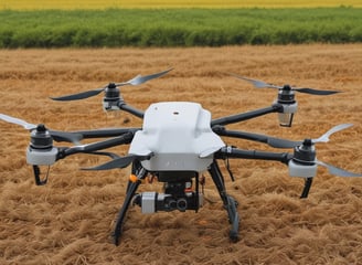 Several agricultural fields are visible in an aerial view with geometric patterns. The fields are separated by thin dirt roads or embankments and display different colors due to variations in crop types, soil, or water conditions.