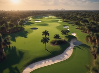 An aerial view of a golf course featuring lush green fairways with neatly cut grass patterns and several sand bunkers scattered throughout. Dense patches of vegetation and trees surround the golfing area, adding a natural backdrop to the setting.