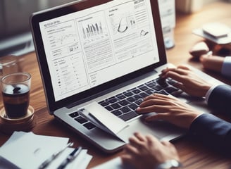 A person is typing on a MacBook Pro, viewing a website titled 'Personalize your portfolio.' The webpage displays three sections related to investing, each with different images and text. The laptop is on a grey table with a dark sofa and indoor plants in the background.