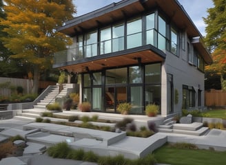 A series of modern wooden houses with large glass windows and triangular, black shingled roofs. The architecture features balconies with glass railings, creating a sleek and contemporary appearance.