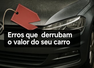 Carro usado com capô empoeirado em destaque, ao lado de uma etiqueta de preço vermelha cortada, com 