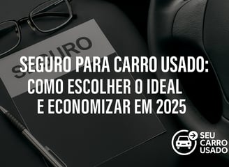 Documento de seguro automotivo sobre uma mesa, ao lado de uma caneta e óculos, com volante de carro