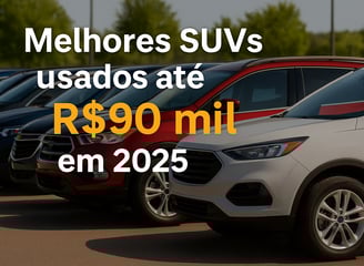 Vários SUVs usados de diferentes cores estacionados lado a lado em um estacionamento iluminado, com