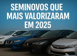 "Imagem de capa com quatro carros seminovos alinhados em um pátio, com a frase 'Seminovos que mais v