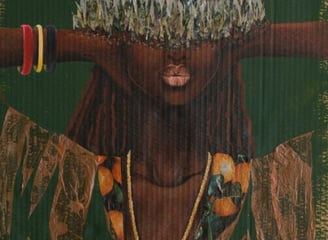 Painting and collage of a woman, with half her face depicting african savanna.