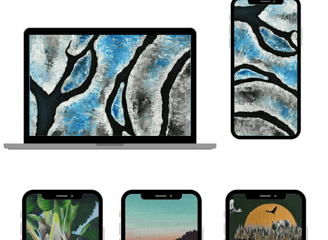 Examples of Amu art on phone and laptop wallpaper.