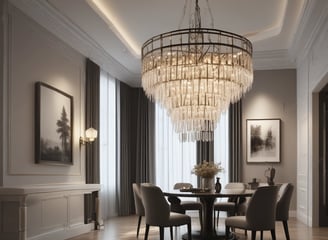 A large, elegant chandelier is illuminated against a dark ceiling. The ornate design features numerous crystals that reflect light and create a dramatic contrast with the dim surroundings.